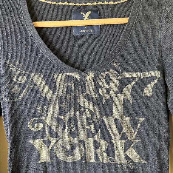 Lg Y2K VTG American Eagle Navy Ribbed Long Sleeve Tee Campus Elena Gilbert 2000s - Picture 2 of 6